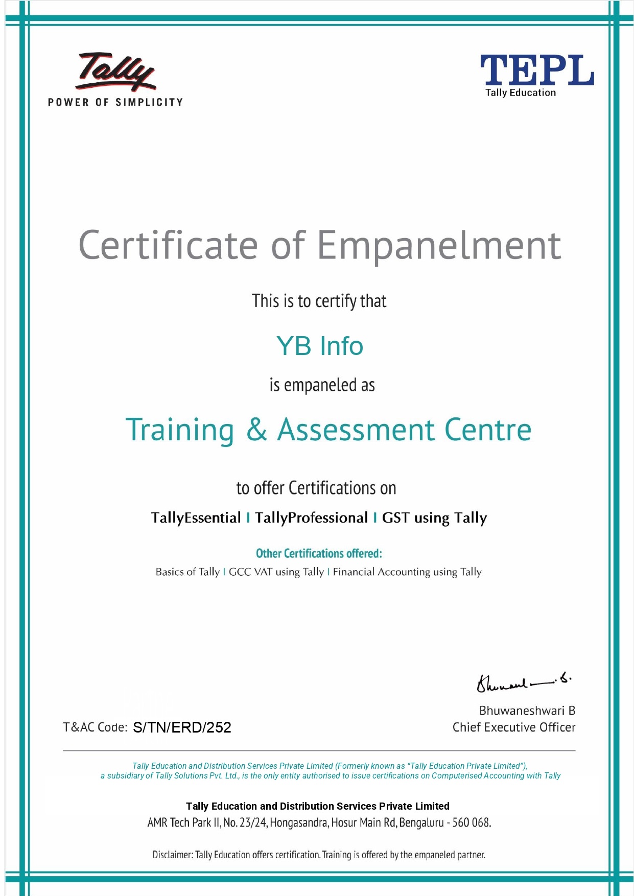 YB Info - Certificate of Empanelment by Tally