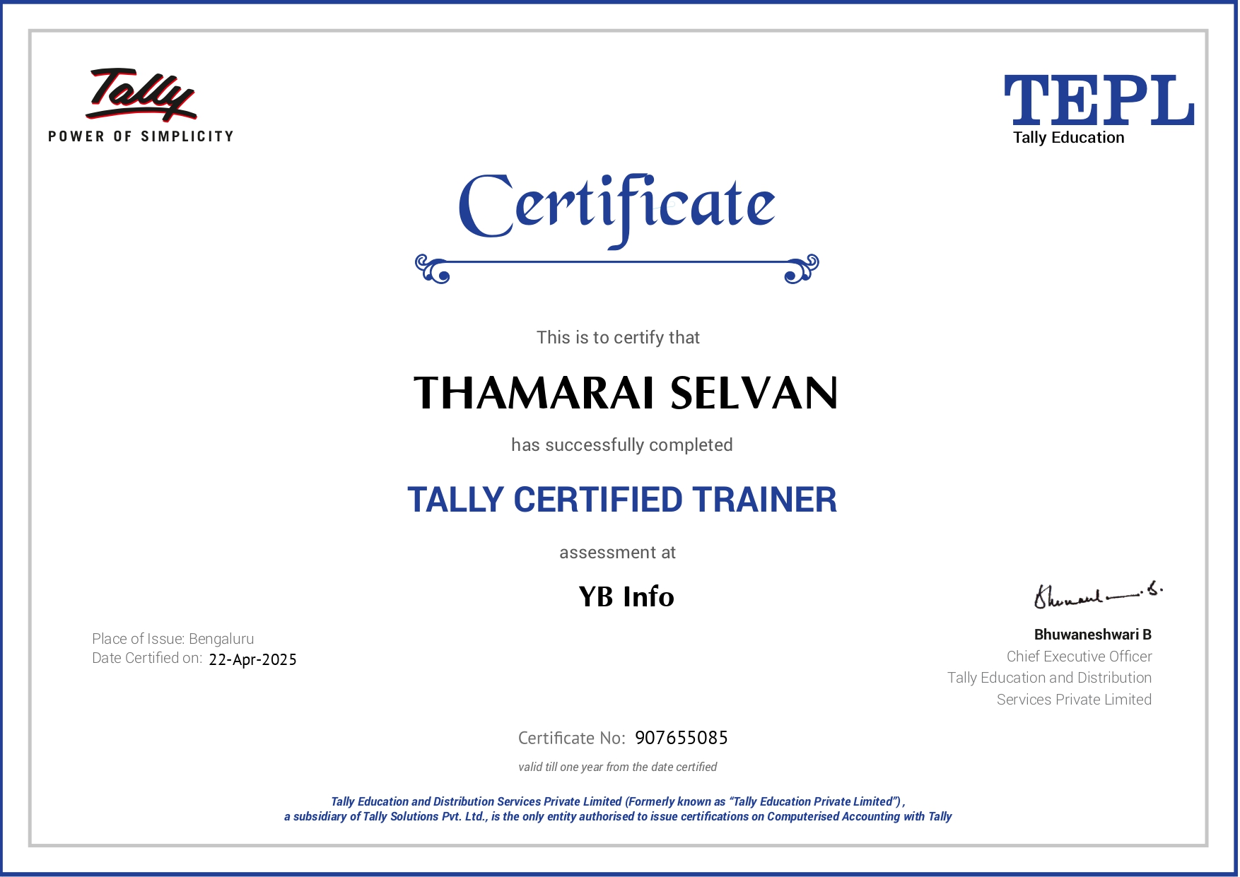 Tally Certified Trainer - Thamarai Selvan, YB Info